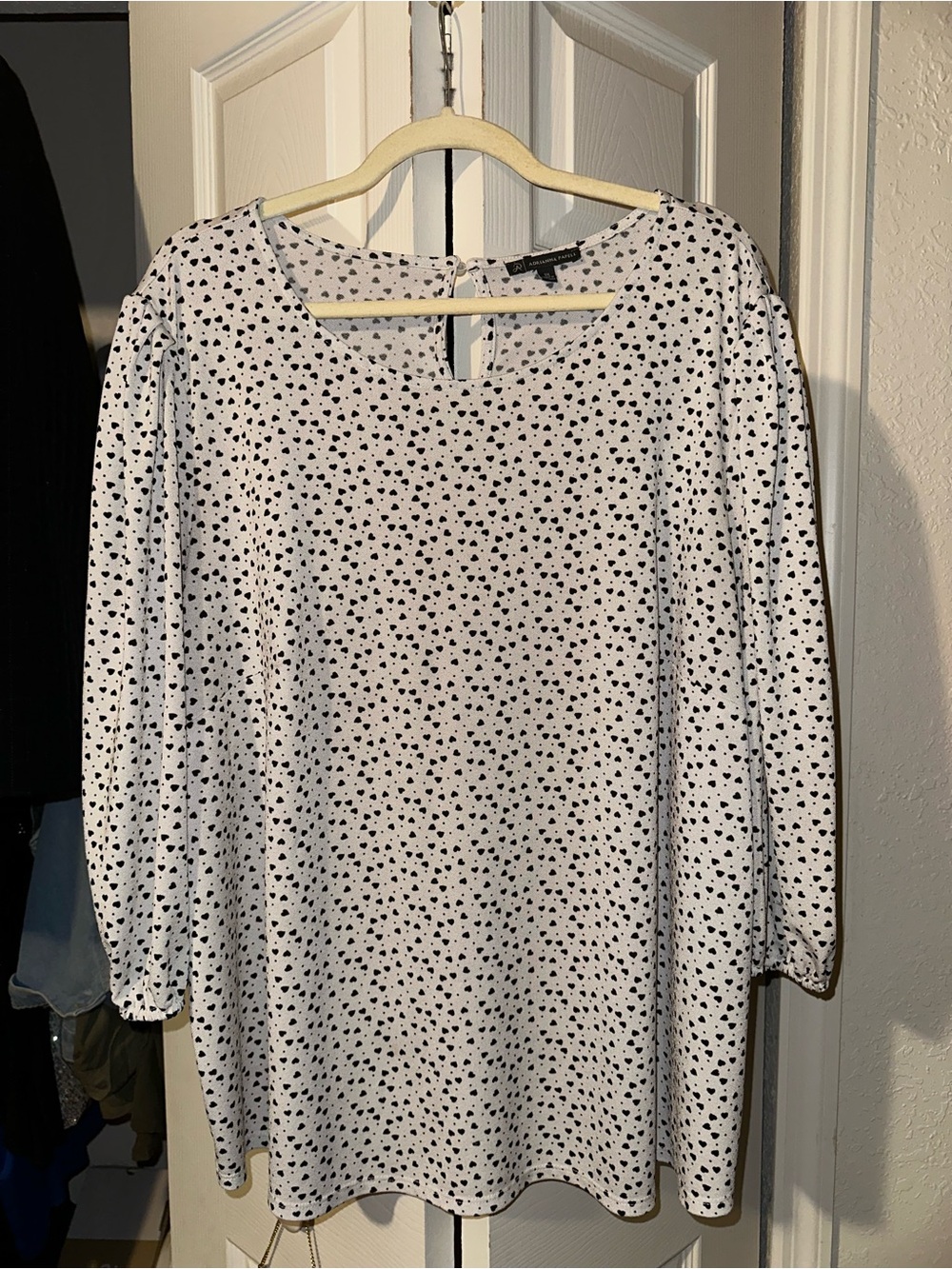 Adrianna Papell White 3/4-Sleeve Blouse with Black Heart Dot Print